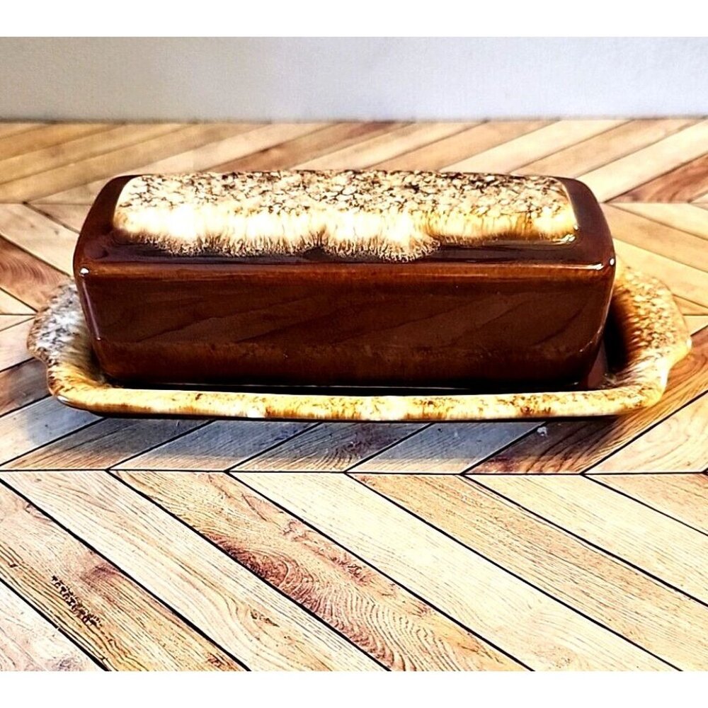 Hull Pottery Butter Dish Signature Brown Drip Glazed As Is one Chip USA
